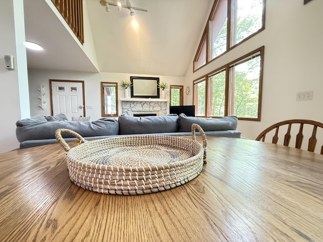 6414 Decker Rd, Bushkill, PA 18324 - living area featuring high vaulted ceiling and a stone fireplace