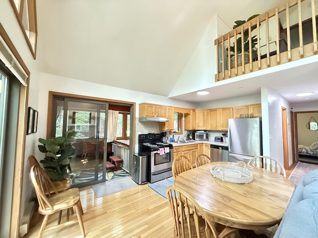 6414 Decker Rd, Bushkill, PA 18324 - kitchen featuring appliances with stainless steel finishes, light brown cabinets, high vaulted ceiling, light wood-type flooring, and light countertops