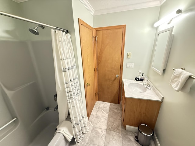 6414 Decker Rd, Bushkill, PA 18324 - bathroom featuring crown molding, vanity, shower / tub combo with curtain, and marble finish floors