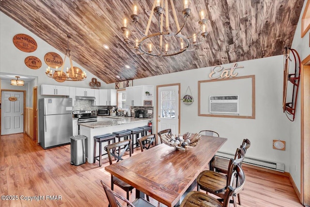 dining space with an AC wall unit, high vaulted ceiling, wood ceiling, and light wood finished floors