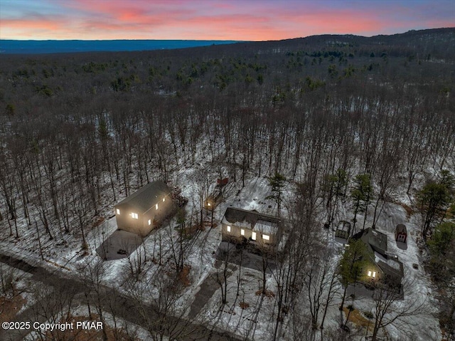 aerial view at dusk featuring a mountain view and a wooded view