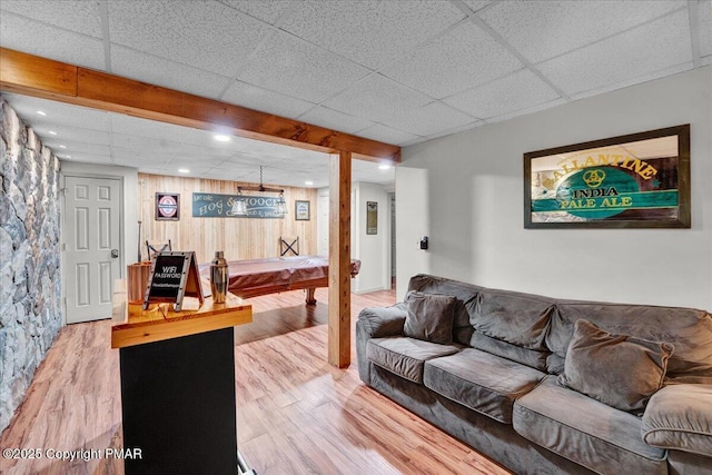 living area featuring recessed lighting, pool table, a paneled ceiling, and light wood-style floors