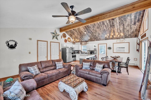 living room featuring ceiling fan with notable chandelier, a wall mounted AC, light wood-type flooring, and lofted ceiling with beams