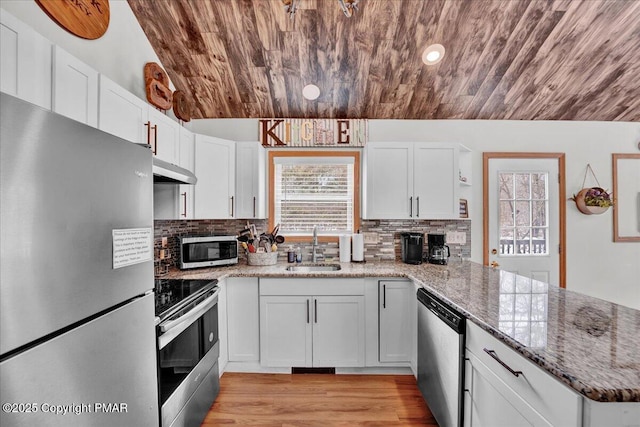 kitchen with a peninsula, a sink, white cabinets, wood ceiling, and appliances with stainless steel finishes