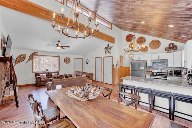 dining space with a toaster, wood ceiling, ceiling fan with notable chandelier, light wood-style floors, and high vaulted ceiling