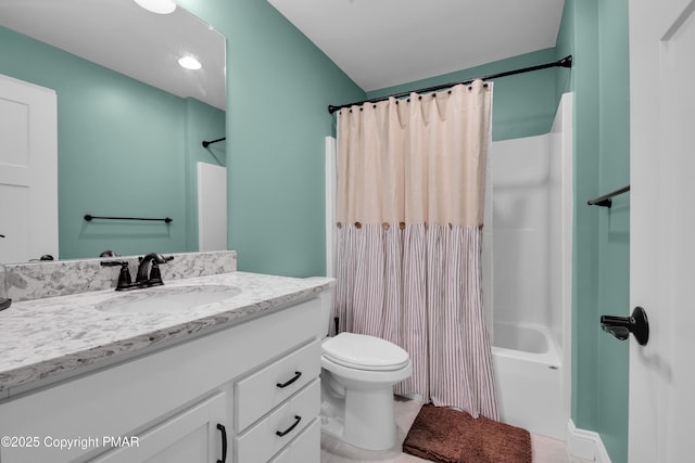 full bath with vanity, toilet, and shower / bathtub combination with curtain