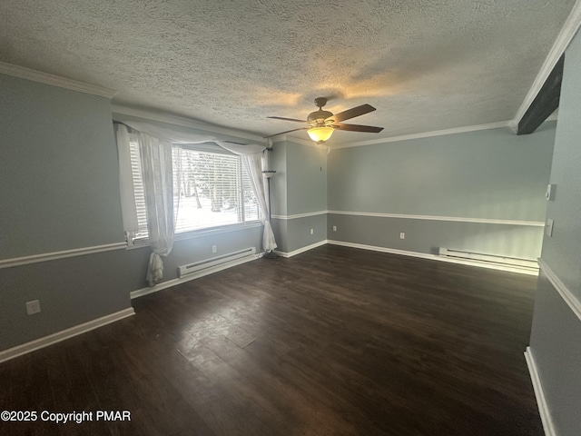 spare room featuring crown molding, a baseboard radiator, and dark hardwood / wood-style floors