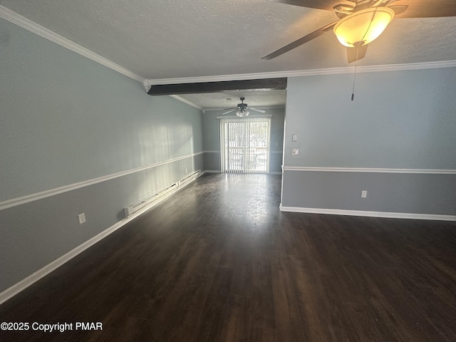 spare room with dark hardwood / wood-style flooring, ceiling fan, baseboard heating, crown molding, and a textured ceiling