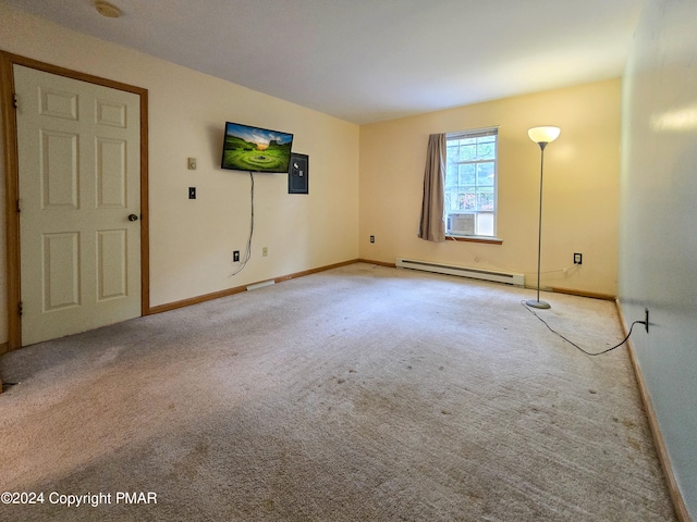 unfurnished room featuring carpet, a baseboard heating unit, cooling unit, electric panel, and baseboards