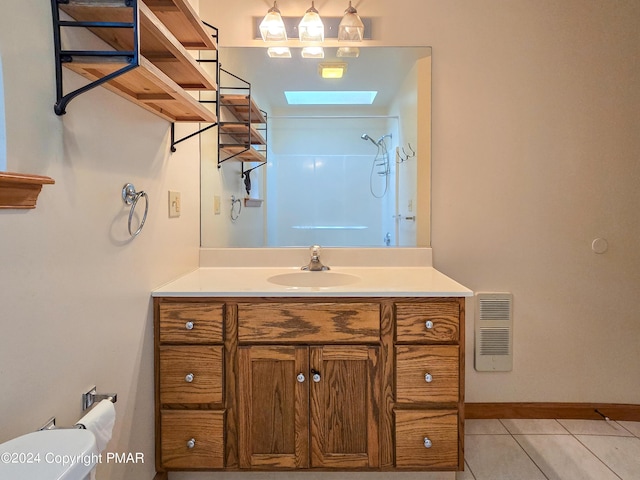 bathroom with visible vents, a shower, toilet, tile patterned flooring, and vanity