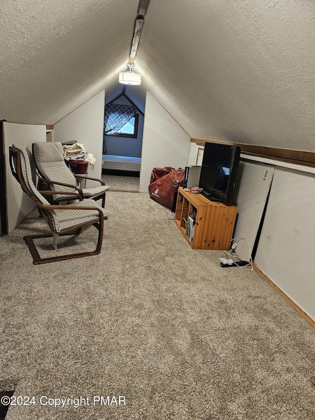 living area featuring lofted ceiling, a textured ceiling, and carpet