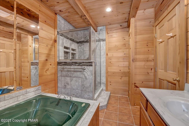 bathroom featuring plus walk in shower, wood walls, tile patterned floors, wooden ceiling, and beam ceiling