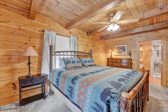 bedroom with wood ceiling, wood walls, beamed ceiling, and carpet