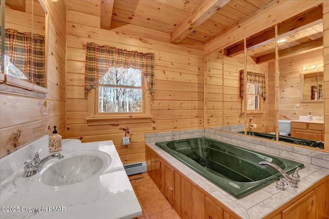 bathroom with wood ceiling, baseboard heating, wooden walls, a bathing tub, and beamed ceiling