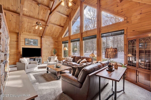 carpeted living room featuring high vaulted ceiling, wood walls, ceiling fan, wood ceiling, and beam ceiling