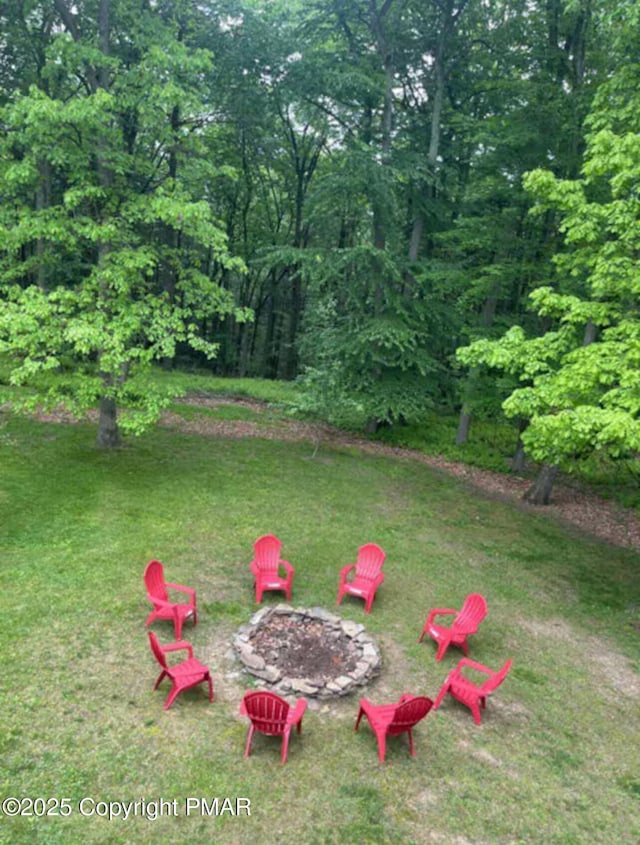 view of yard with a fire pit