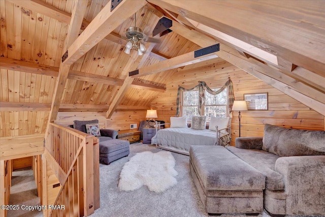 carpeted bedroom featuring wood ceiling, wooden walls, and lofted ceiling with beams