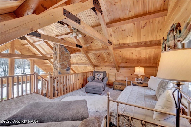 living room featuring wood ceiling, wooden walls, carpet flooring, and vaulted ceiling with beams