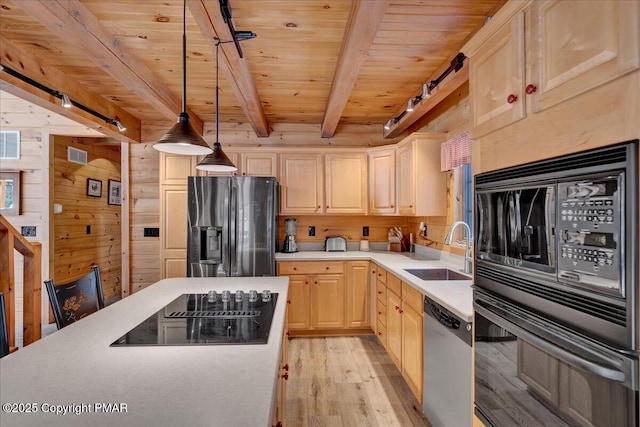 kitchen with wooden ceiling, beam ceiling, black appliances, light brown cabinets, and a sink