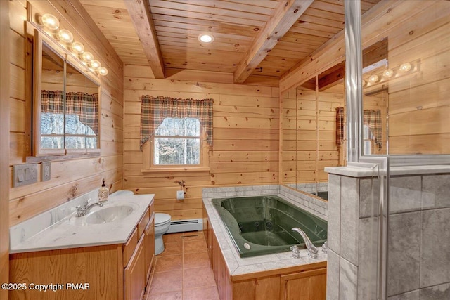 bathroom with wood ceiling, beamed ceiling, wooden walls, and baseboard heating