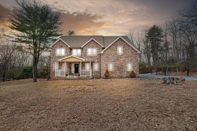 traditional-style home with stone siding, a lawn, and covered porch