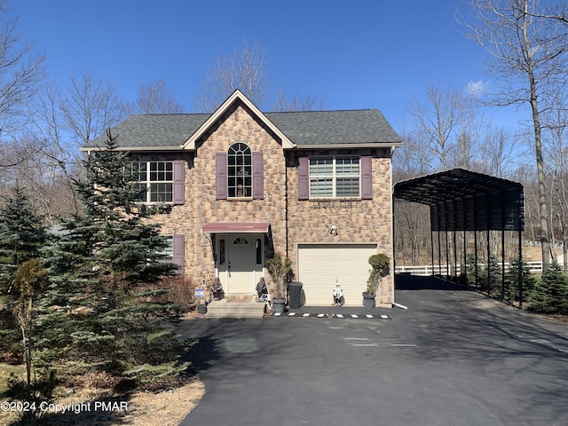 view of front of house with stone siding, aphalt driveway, a carport, and roof with shingles