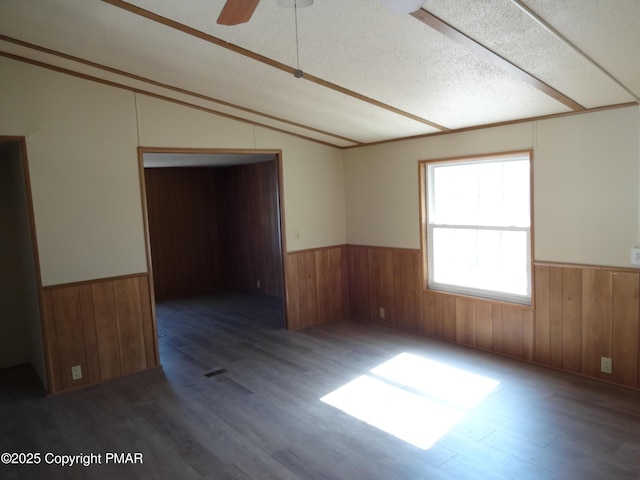 spare room featuring a wainscoted wall, vaulted ceiling, and dark wood-style flooring