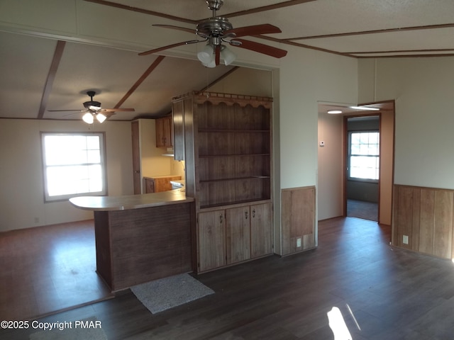 kitchen with light countertops, a wealth of natural light, wainscoting, and lofted ceiling