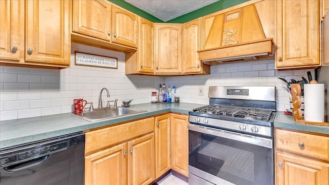 7924 Sleepy Hollow Dr, Tobyhanna, PA 18466 - kitchen with tasteful backsplash, dishwasher, a sink, premium range hood, and stainless steel gas range