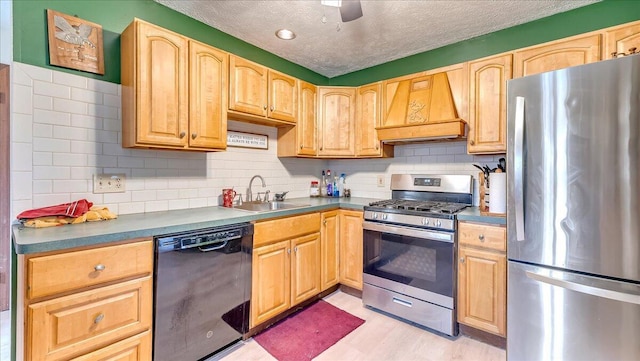 7924 Sleepy Hollow Dr, Tobyhanna, PA 18466 - kitchen with decorative backsplash, premium range hood, a textured ceiling, a sink, and appliances with stainless steel finishes
