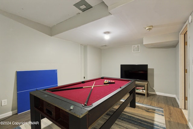 game room featuring pool table, visible vents, baseboards, and wood finished floors