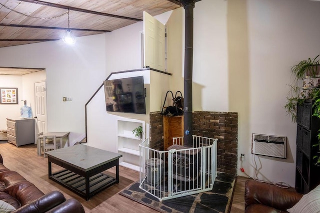 243 R Own Rd, East Stroudsburg, PA 18302 - living room featuring wood finished floors, wooden ceiling, lofted ceiling, built in shelves, and a wood stove
