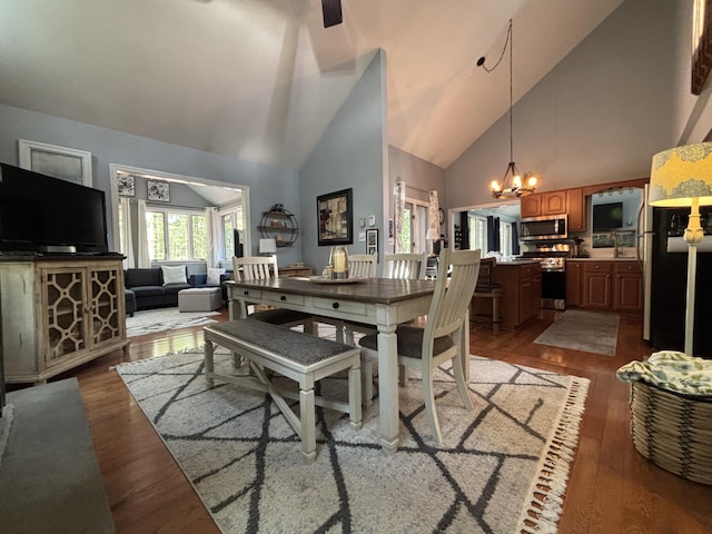 1161 Deer, Pocono Pines, PA 18350 - dining area featuring high vaulted ceiling, a chandelier, and wood finished floors