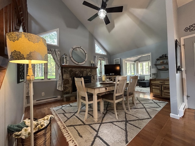 1161 Deer, Pocono Pines, PA 18350 - dining room featuring high vaulted ceiling, ceiling fan, a baseboard radiator, wood finished floors, and a stone fireplace