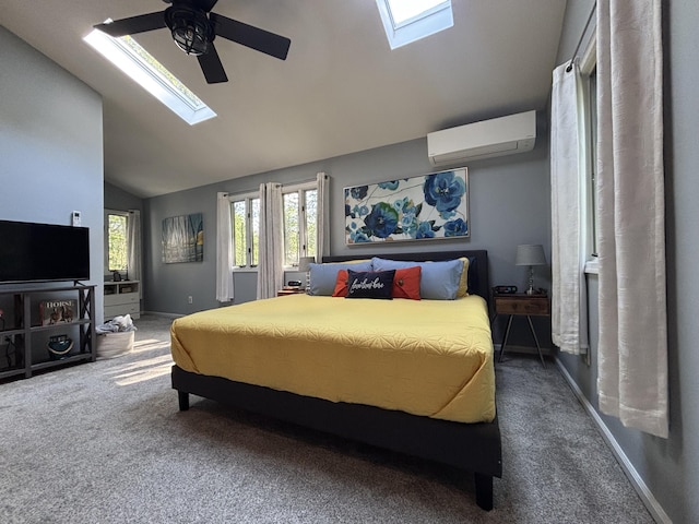 1161 Deer, Pocono Pines, PA 18350 - bedroom featuring a skylight, an AC wall unit, lofted ceiling, carpet, and ceiling fan