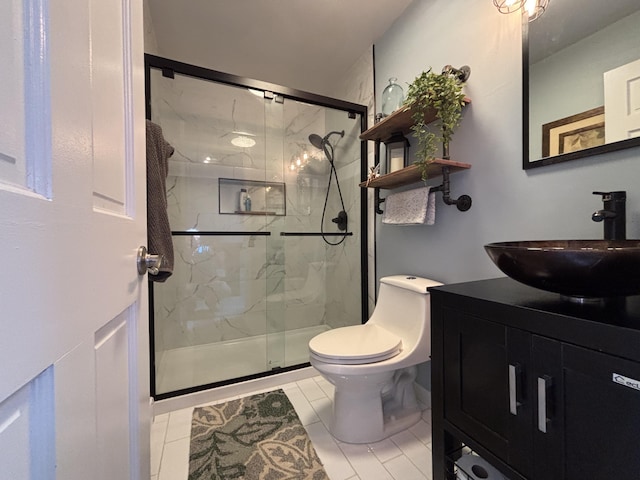 1161 Deer, Pocono Pines, PA 18350 - bathroom featuring a marble finish shower, vanity, and tile patterned floors