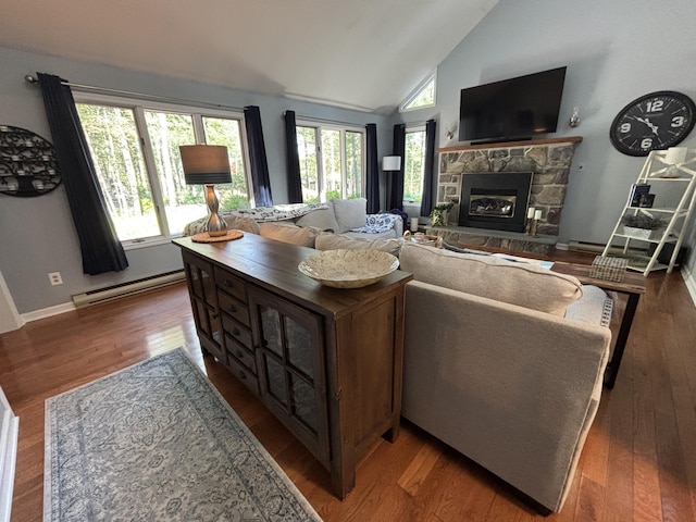 1161 Deer, Pocono Pines, PA 18350 - living area with baseboard heating, plenty of natural light, wood finished floors, and high vaulted ceiling