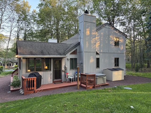 1161 Deer, Pocono Pines, PA 18350 - rear view of property with a chimney, a yard, a shingled roof, and a wooden deck