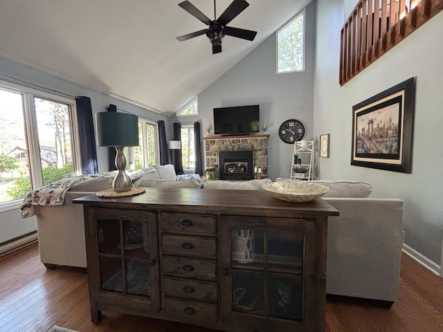 1161 Deer, Pocono Pines, PA 18350 - bar area featuring high vaulted ceiling, dark wood-type flooring, a fireplace, ceiling fan, and baseboard heating