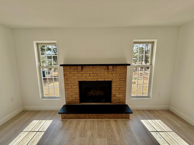 details featuring a fireplace, wood finished floors, and baseboards