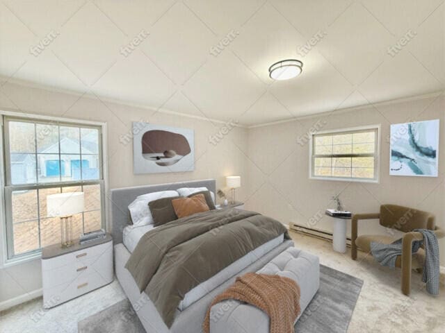 bedroom featuring ornamental molding, multiple windows, and baseboard heating