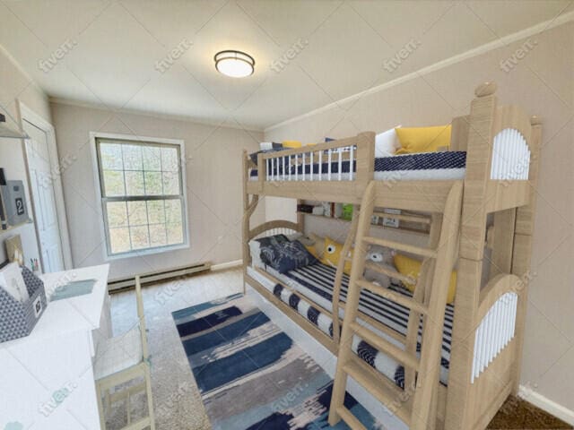 bedroom featuring a baseboard radiator and crown molding