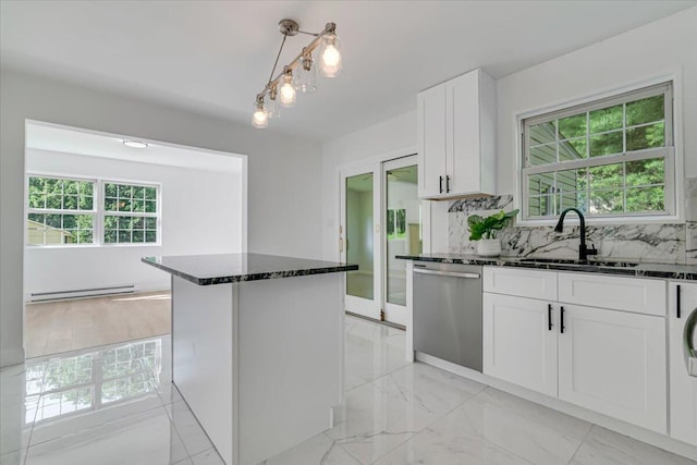 113 Dennis Ct, East Stroudsburg, PA 18301 - kitchen with dishwasher, a baseboard radiator, dark stone counters, decorative backsplash, and white cabinetry
