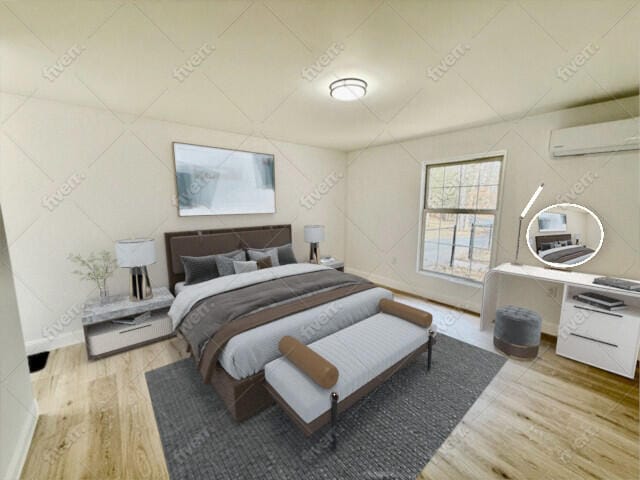 bedroom featuring a wall unit AC, wood finished floors, and baseboards