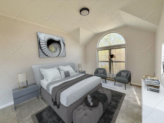 bedroom featuring lofted ceiling and baseboards