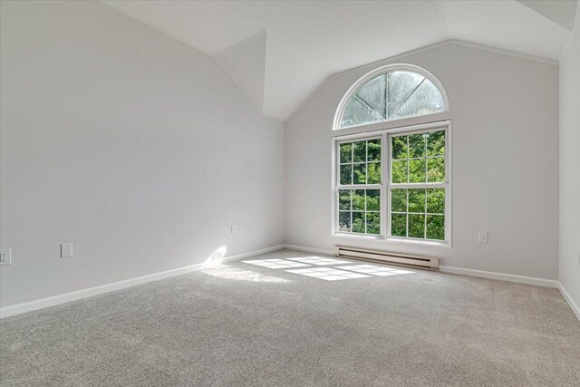 113 Dennis Ct, East Stroudsburg, PA 18301 - unfurnished room with a baseboard radiator, lofted ceiling, and carpet floors