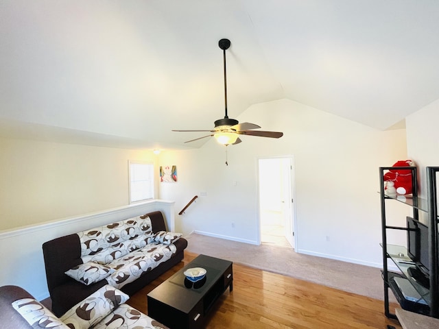 146 Hunter Ln, Albrightsville, PA 18210 - living area featuring vaulted ceiling, ceiling fan, wood finished floors, and baseboards