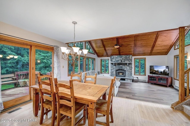 dining space featuring lofted ceiling with beams, light hardwood / wood-style floors, and wooden ceiling