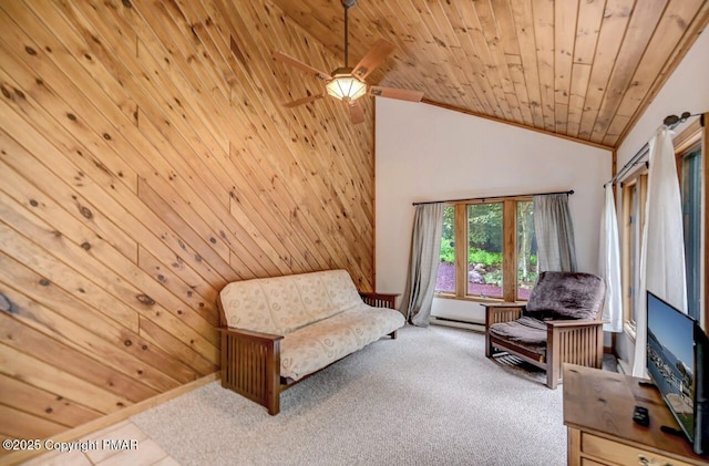 living area with wood walls, wood ceiling, high vaulted ceiling, carpet, and a baseboard heating unit