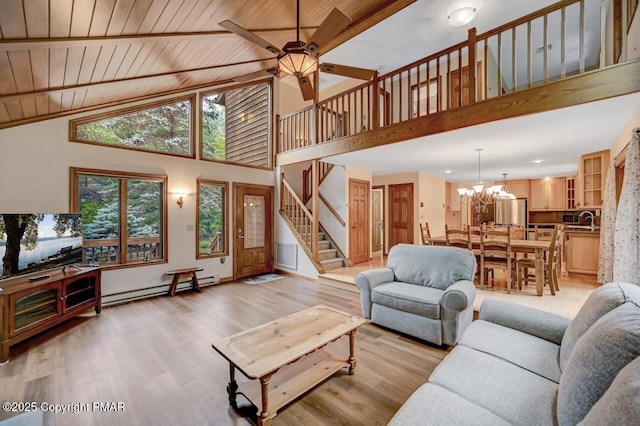 living room with sink, wood ceiling, baseboard heating, light hardwood / wood-style floors, and ceiling fan with notable chandelier